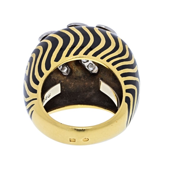 David Webb Diamond, Black Enamel Zebra Stripe Dome Ring - Picture 3 of 5